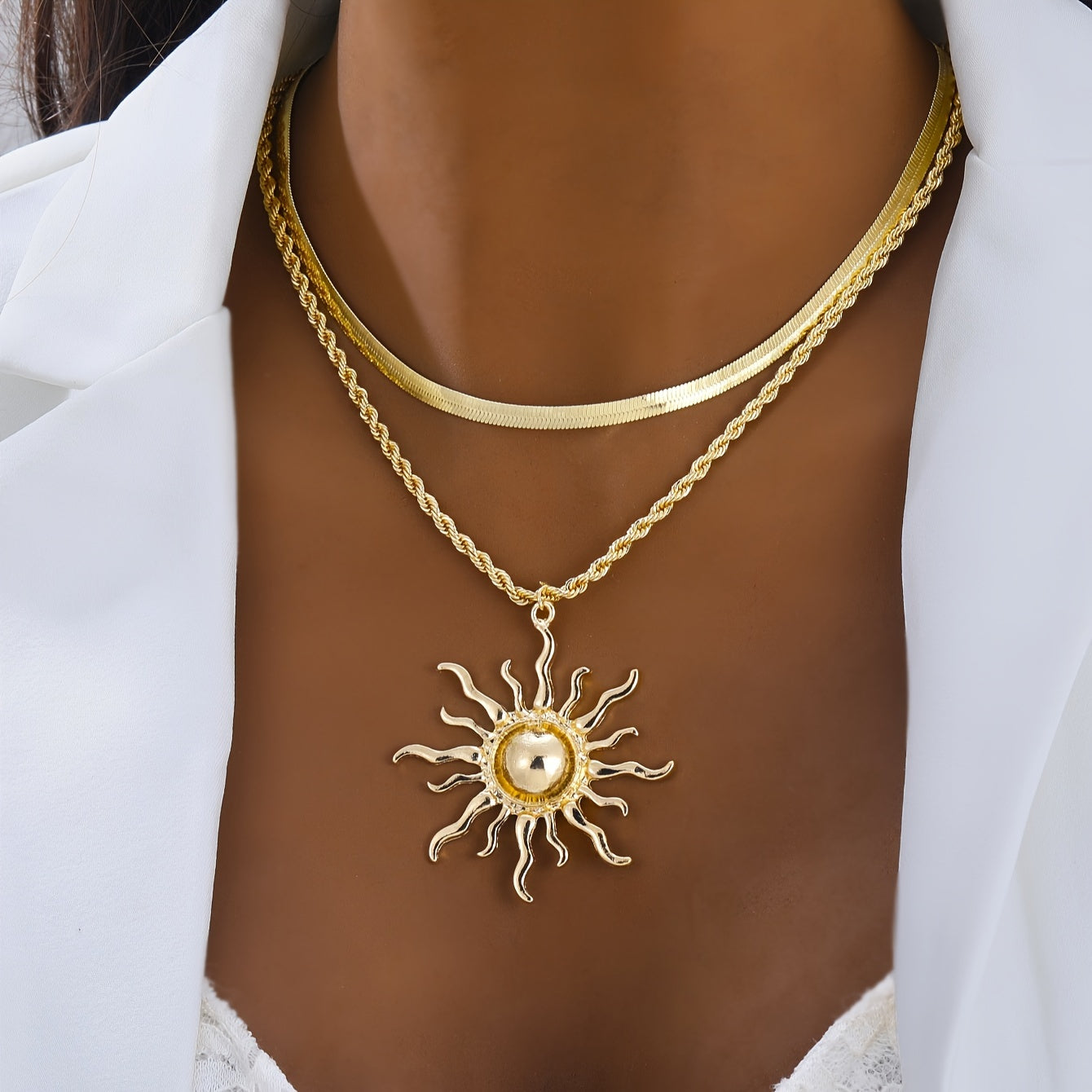 Elegant Double Layer Snake Bone Chain Necklace with Sun Flame Pendant for Women, Bohemian Style Jewelry for Casual Attire or Gift, Gift for Women | Flame Motif Design