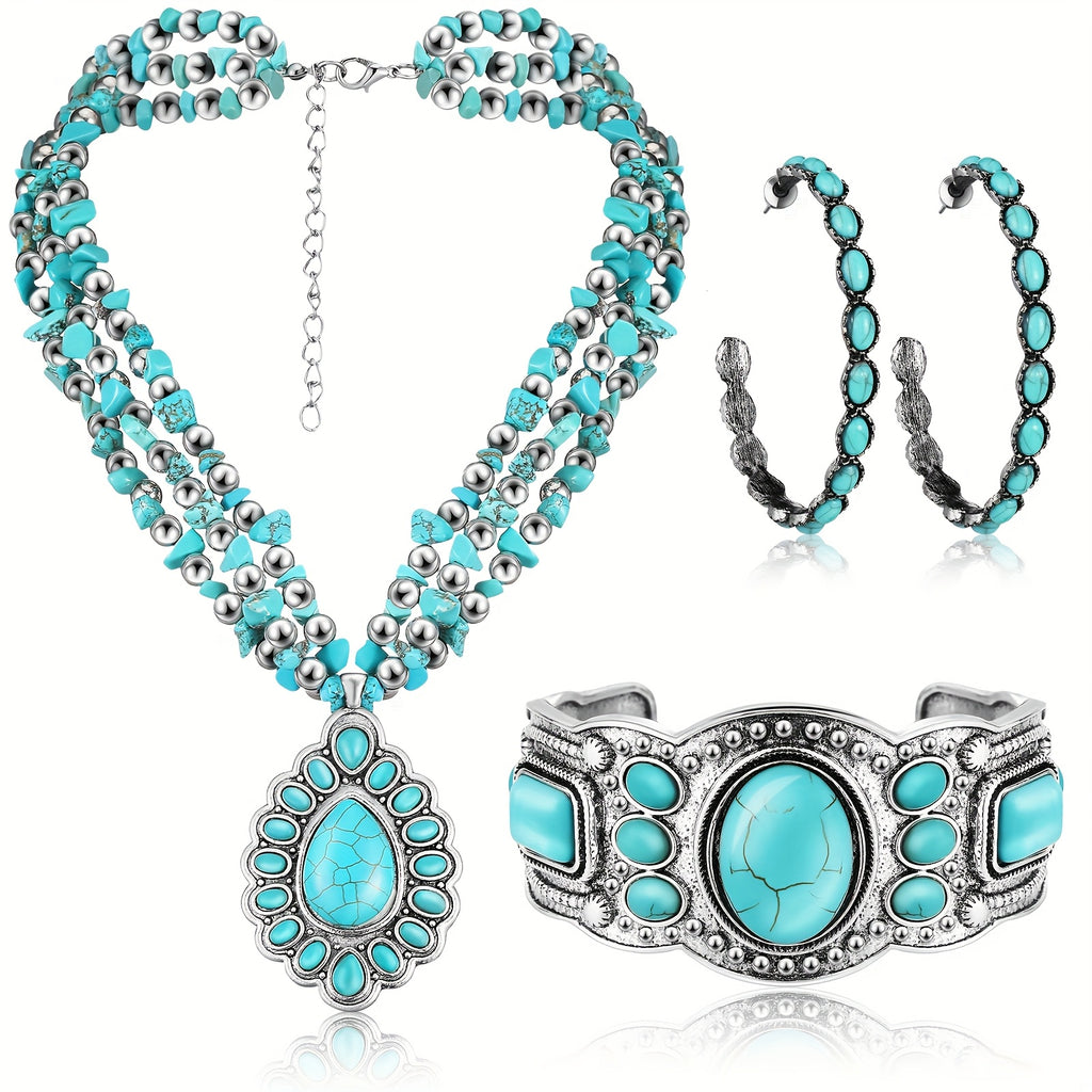 3pcs Western Jewelry for Women Bohemian Set, Boho Pendant Long Choker, Layered Bracelet, Dangle Earrings for Gifts Mother, Friends
