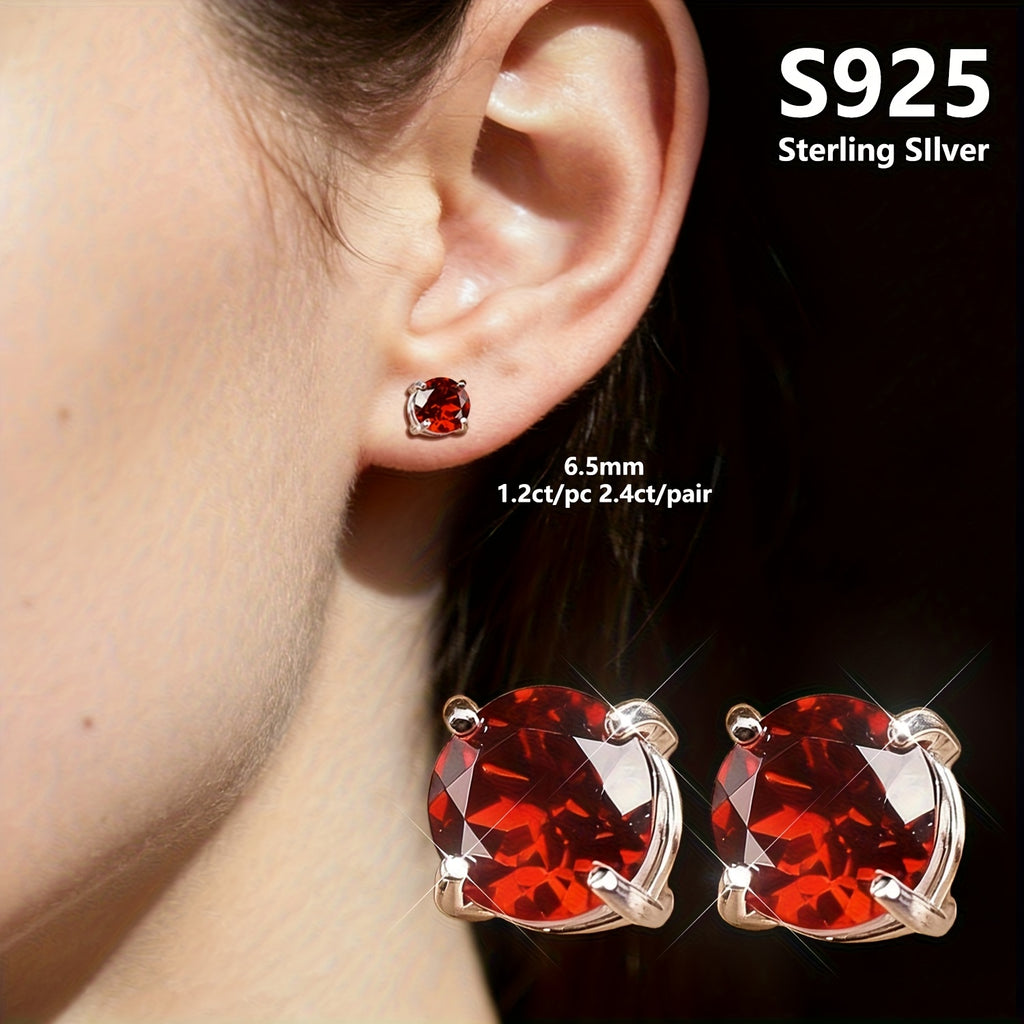 Natural Garnet S925 Silver Stud Earrings, Hypoallergenic, Lightweight, and Durable, Sexy and Elegant Ear Accessories, January Birthstone