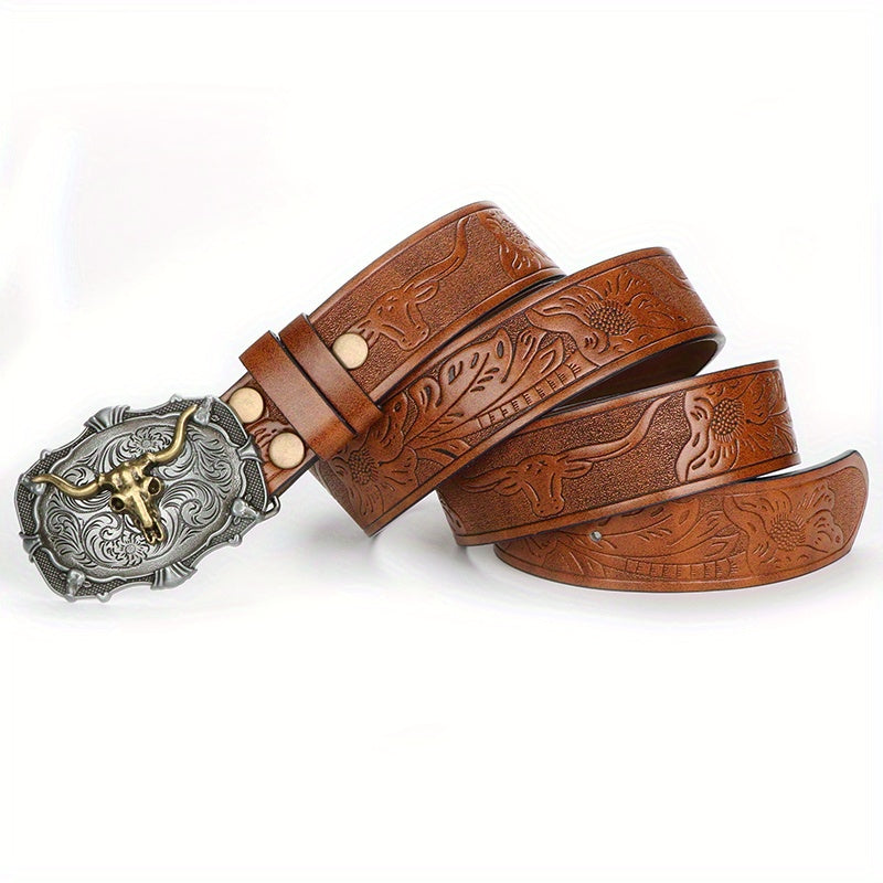 2pcs Men'S Western Cowboy Faux Leather Belts with Bull Buckle | Durable Embossed Floral Design in Black & Brown - Perfect for Western Events, Parties & Gifts | Brand: VERSDO, Buckle Material: Zinc Alloy Golden