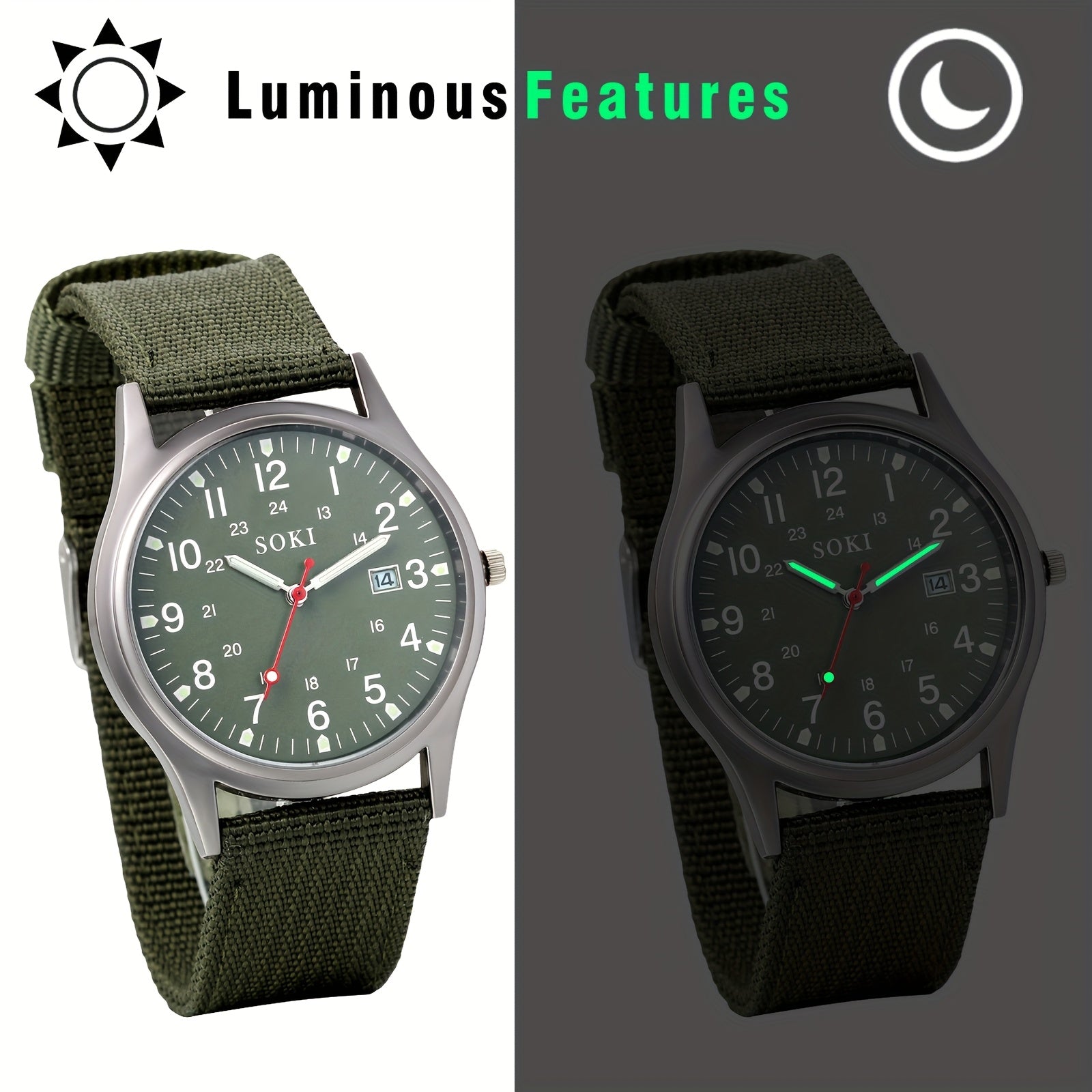 Outdoor Sports Men'S Analog Quartz Watch, Round Case, Green Nylon Strap, 24-Hour Scale, Calendar, Luminous Dial, Can Be Used for Casual, Business, Sports, Gifts