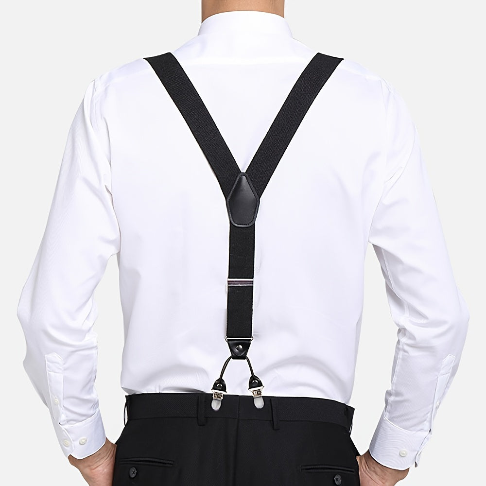Men'S Suspenders, Suit Brace Y-back PU Leather Heavy Duty Suspender With 6 Metal CliP