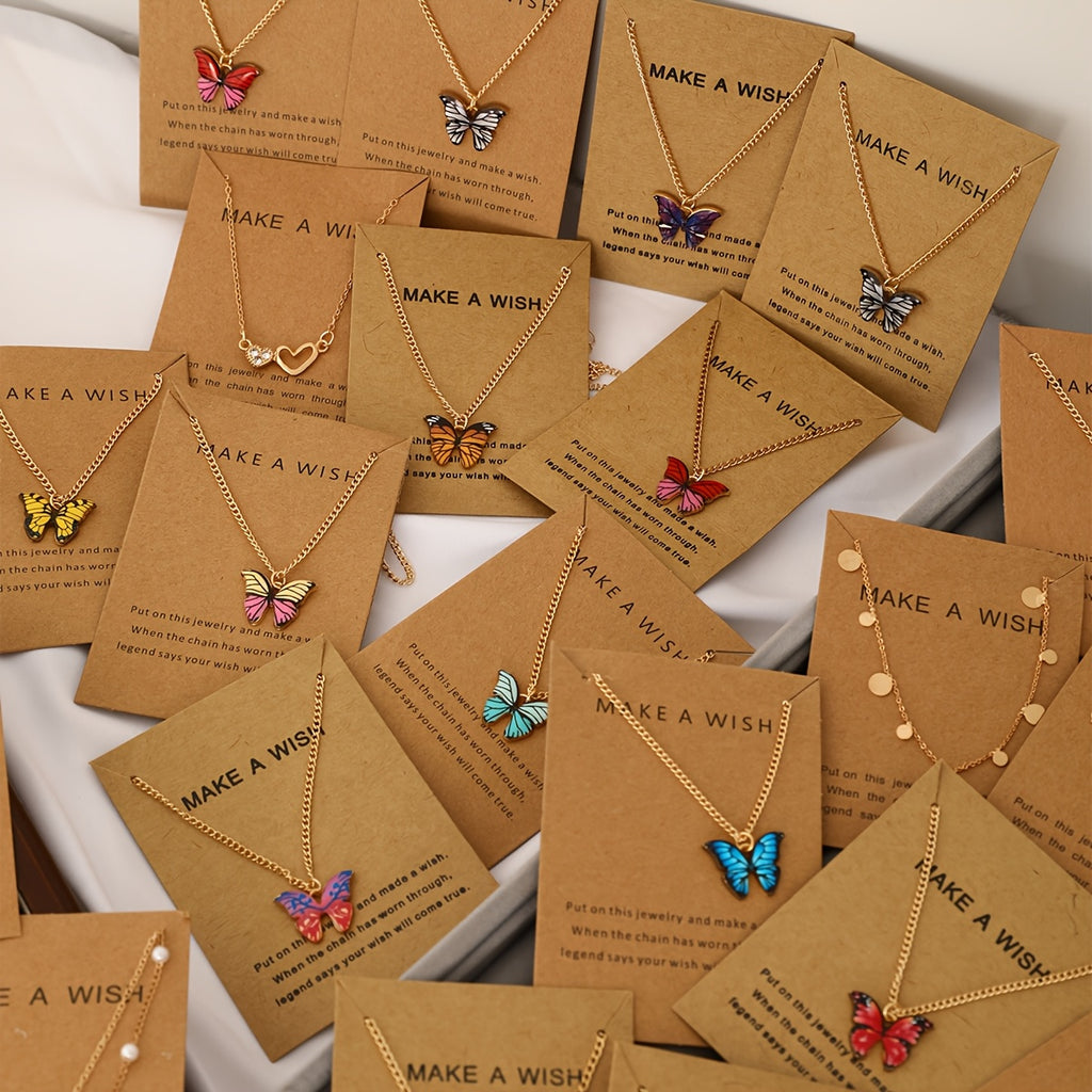 Random 21pcs/10pcs/6pcs Minimalist Fashion Star Moon Heart Bow Rhinestone Drip Oil Butterfly Necklace Set Women'S Dating Vacation Daily Matching Party Anniversary Holiday Gift Valentine'S Day Mother'S Day (With Cardboard)