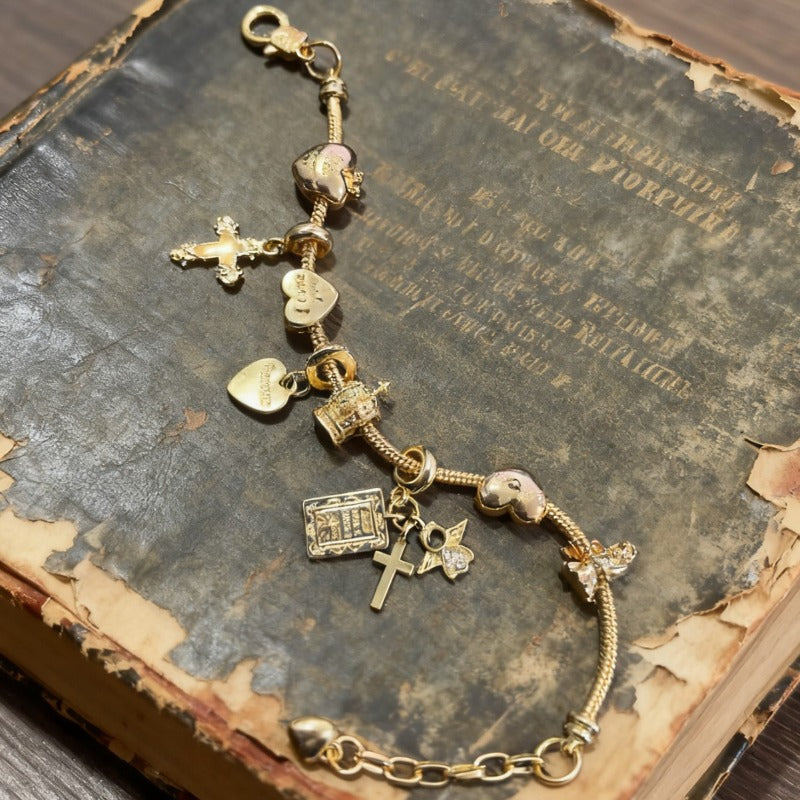 Luminous Cross Bible Angel Crown Charm Bracelet Suitable for - Detachable Adjustable Religious with Bible Charms, Bohemian Gift for &, Year-Round Wearable for Christmas, Birthdays, Mardi Gras (Pan Family Bracelet)