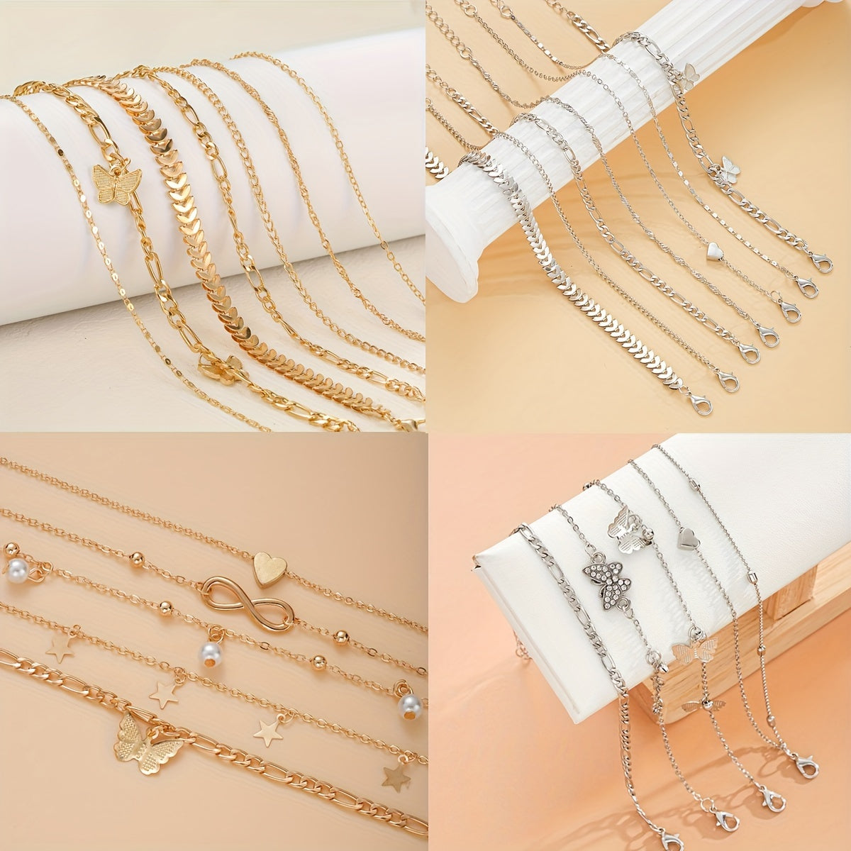 Set of 22 Easy Faux Pearl Anklets Featuring Geometric Designs, Butterfly Twists, And Love Star Chains, Perfect for Women'S Daily Wear, Light Luxury, Parties, Beach Vacations, Dates, And Gifting