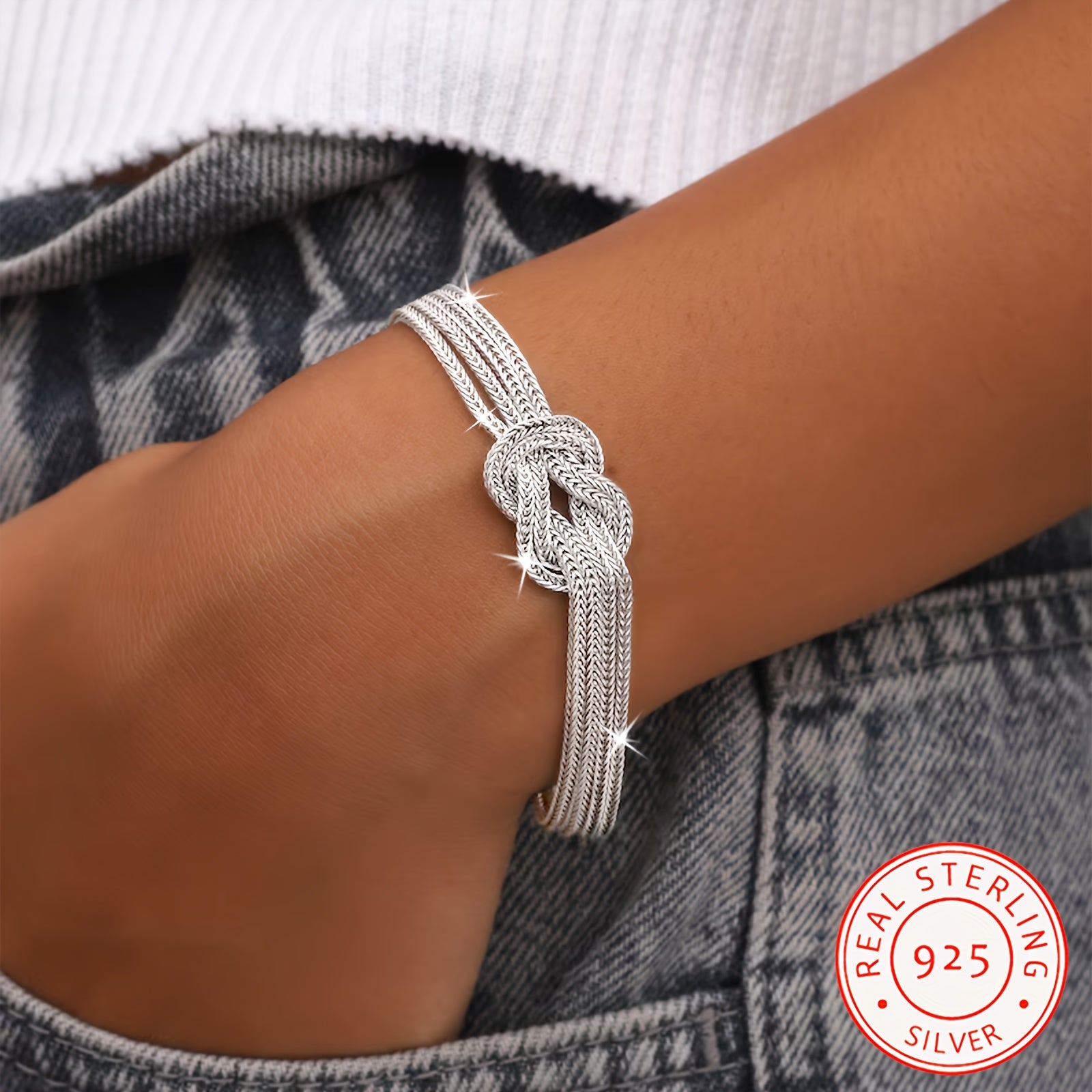 1pc Boho Hip Hop Style 925 Sterling Silver Double Layer Serpentine Chain Knot Bracelet for Women, Allergy-Free, Durable Silvery Plating, Perfect for Daily Wear And Holiday Celebrations, Ideal Christmas And Valentine'S Gift