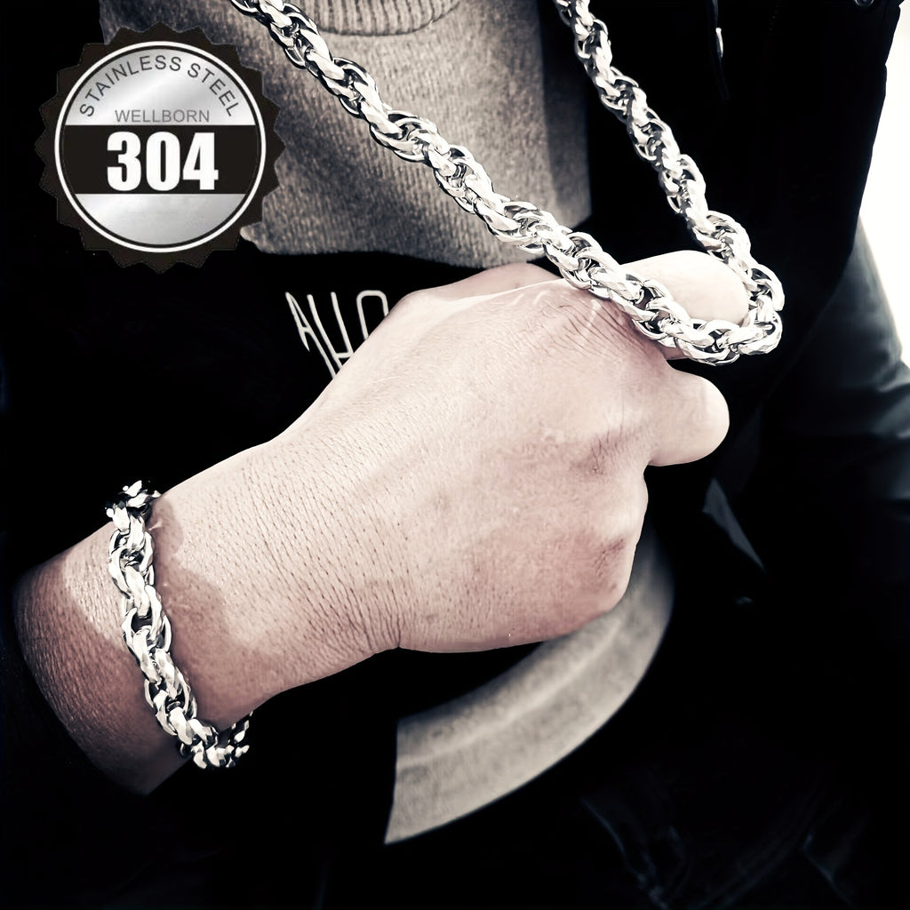 304 Stainless Steel 2pcs bracelet+necklace, Men's retro fashion hip-hop jewelry set as a gift for him