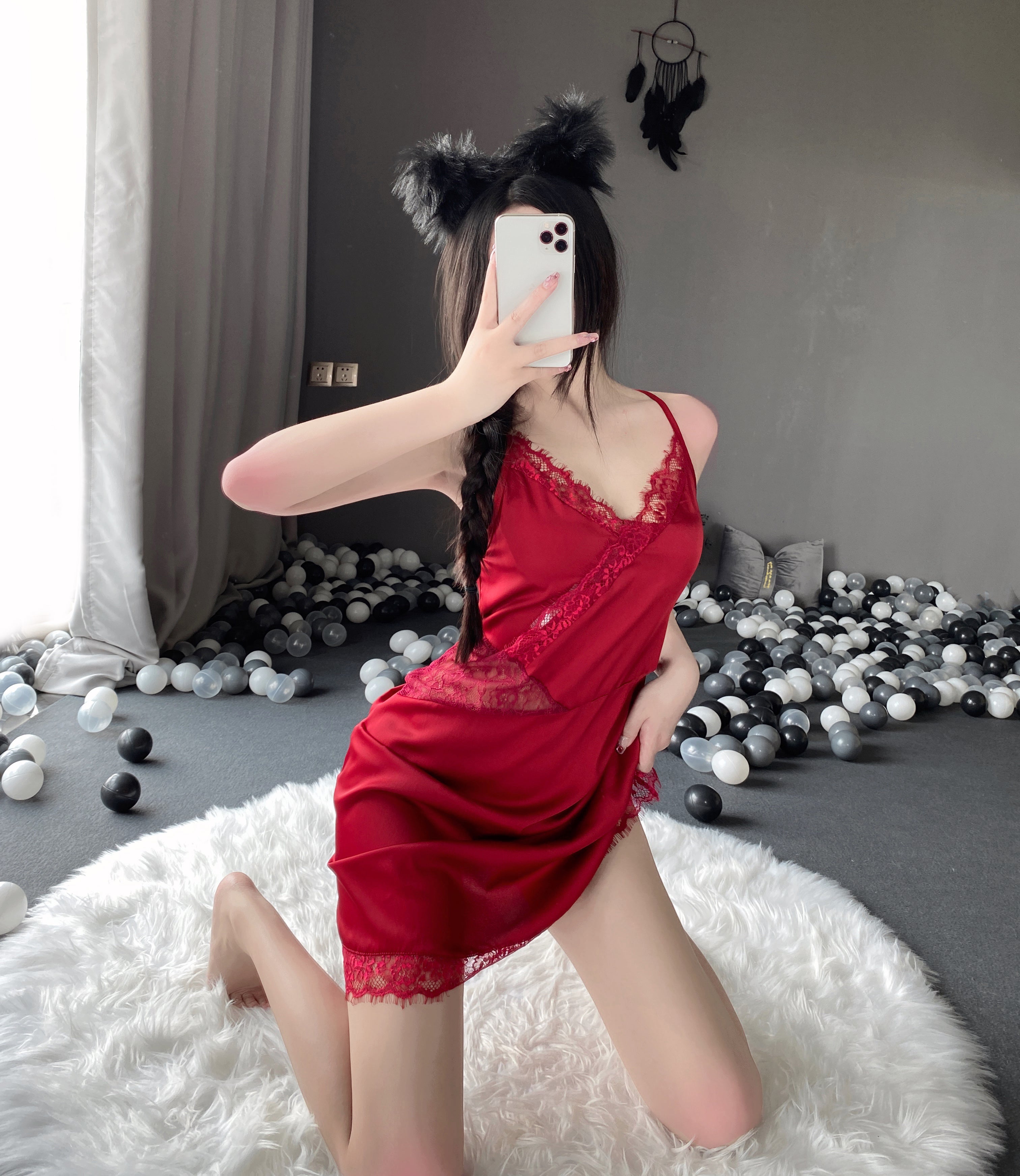 T-2535 Deep V temptation side split embroidered suspender nightdress tie