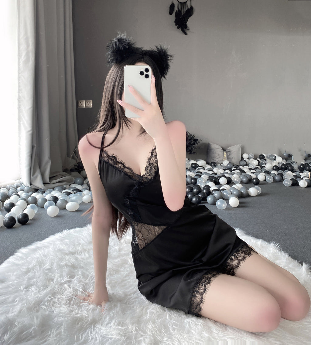 T-2535 Deep V temptation side split embroidered suspender nightdress tie