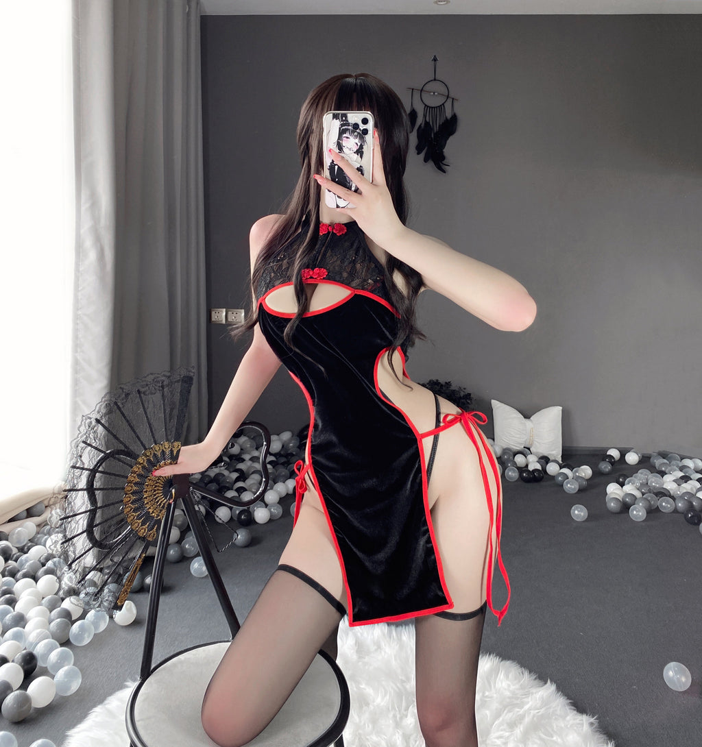 T-2559 Vintage Chinese style velvet elegant cheongsam passionate and sexy
