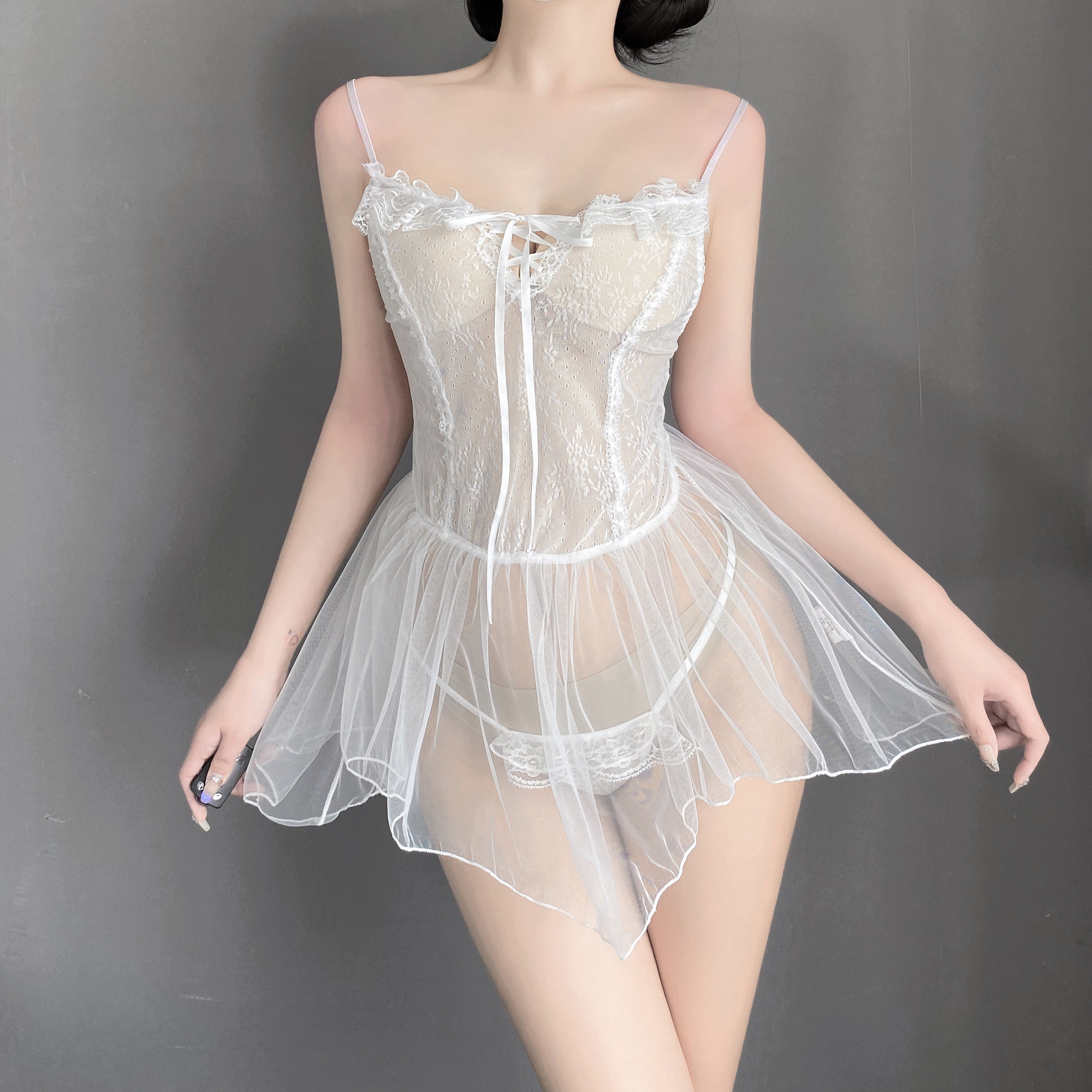 T-9151  Sexy lace sheer bow no-take off slip nightdress