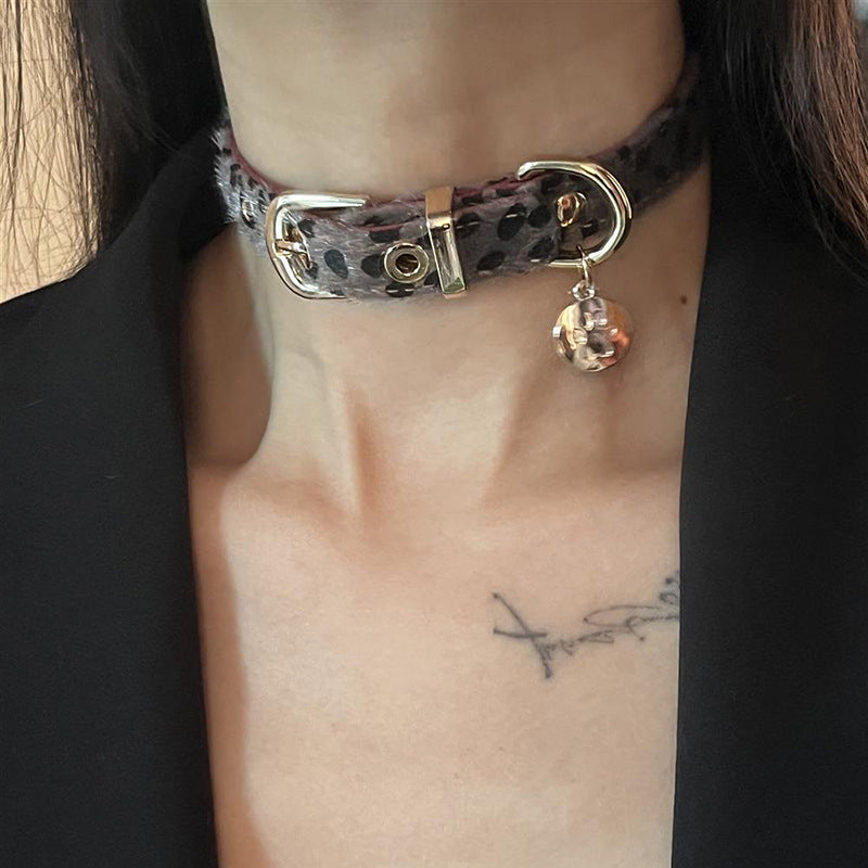 P-1387  Leopard print fluff punk leather collar