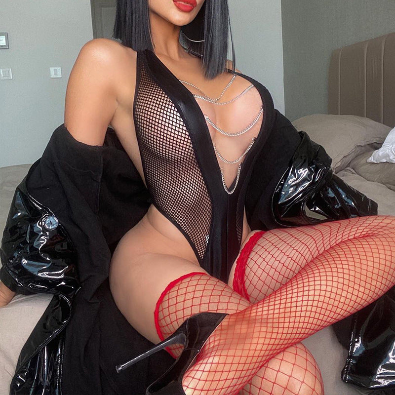 L-7002 Women One Piece Lingerie Lace Bodysuit Deep V Teddy Mini Babydoll