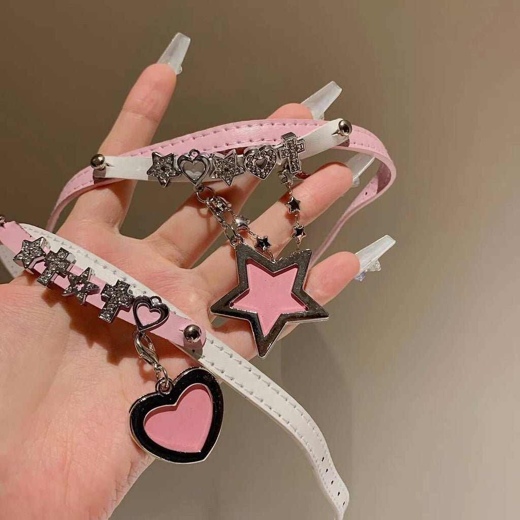 P-1038  Girl Barbie Pink stars loving heart leather necklace Spice dopamine