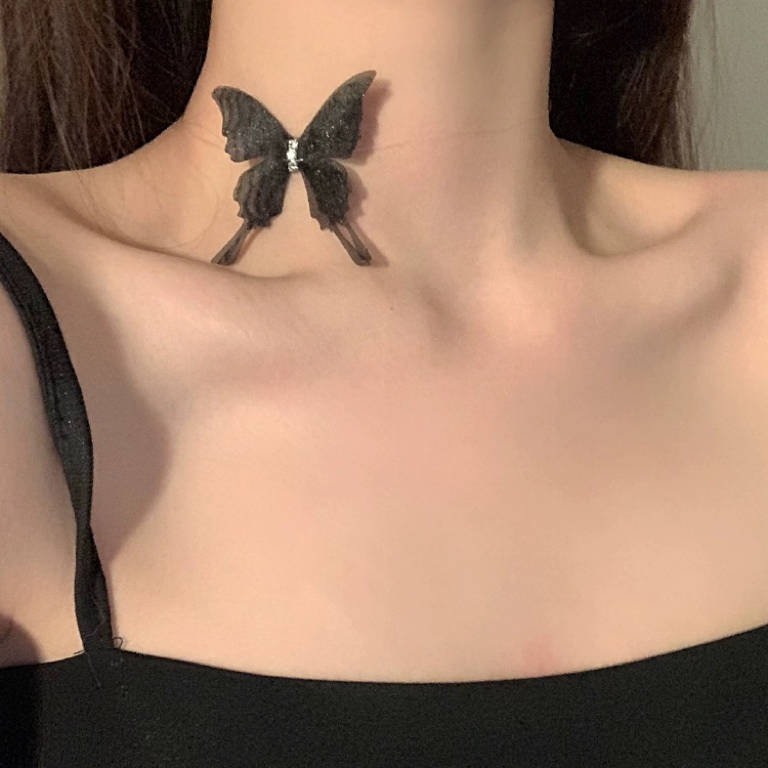 P-363  Diamond black butterfly fairy choker collar