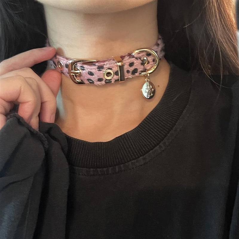 P-1387  Leopard print fluff punk leather collar