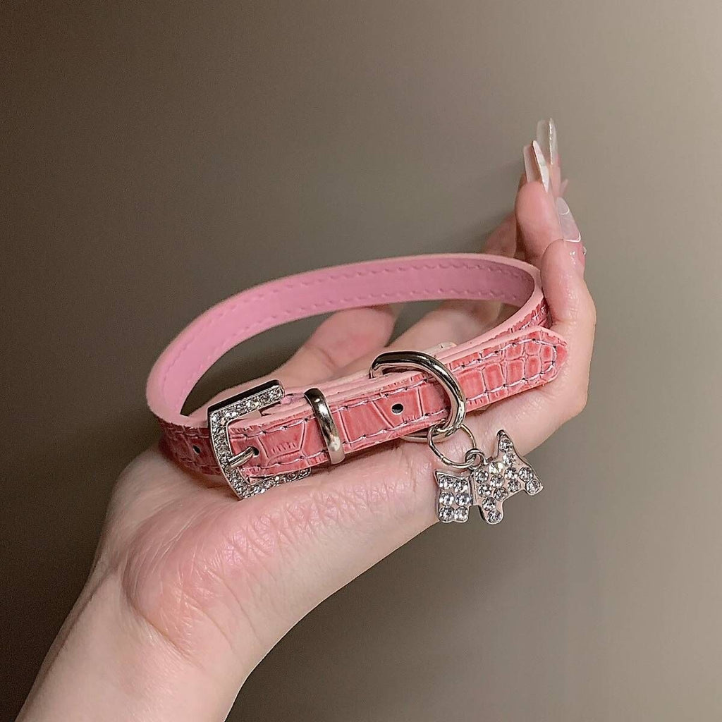 P-720  Pink diamond puppy leather necklace