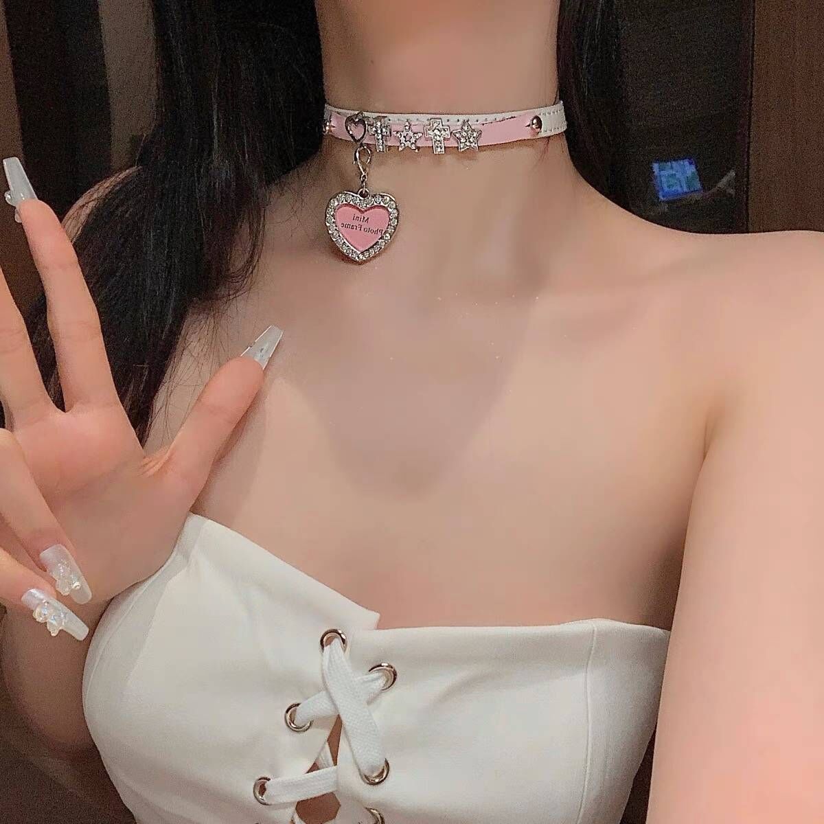 P-1038  Girl Barbie Pink stars loving heart leather necklace Spice dopamine