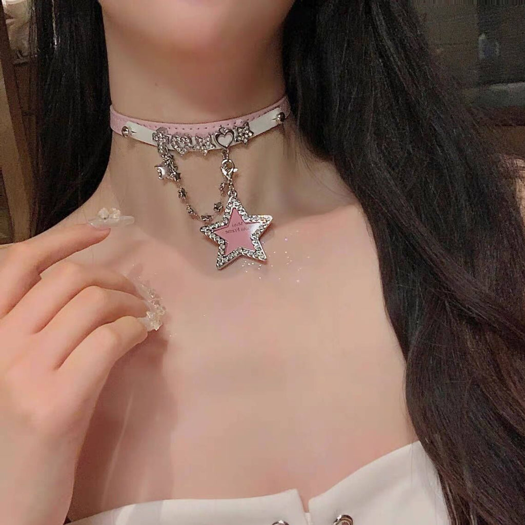 P-1038  Girl Barbie Pink stars loving heart leather necklace Spice dopamine