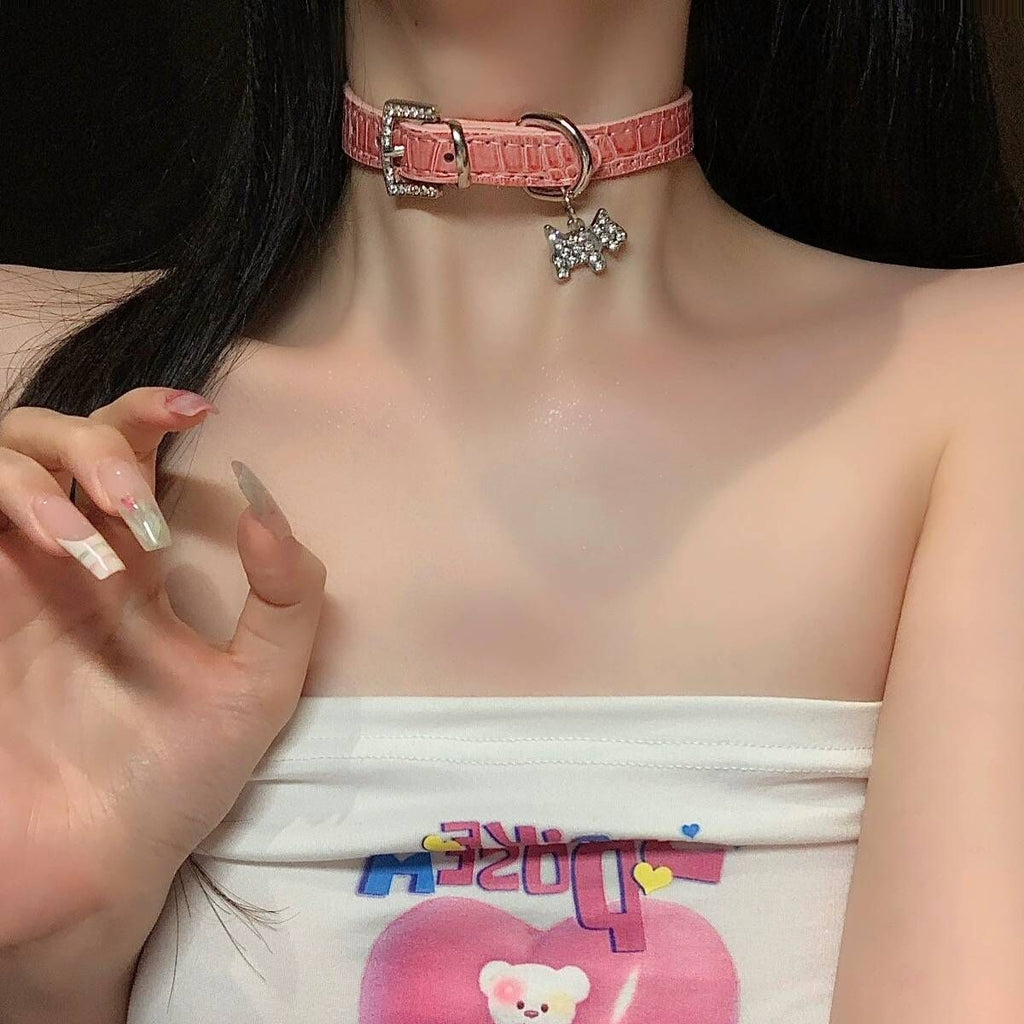 P-720  Pink diamond puppy leather necklace