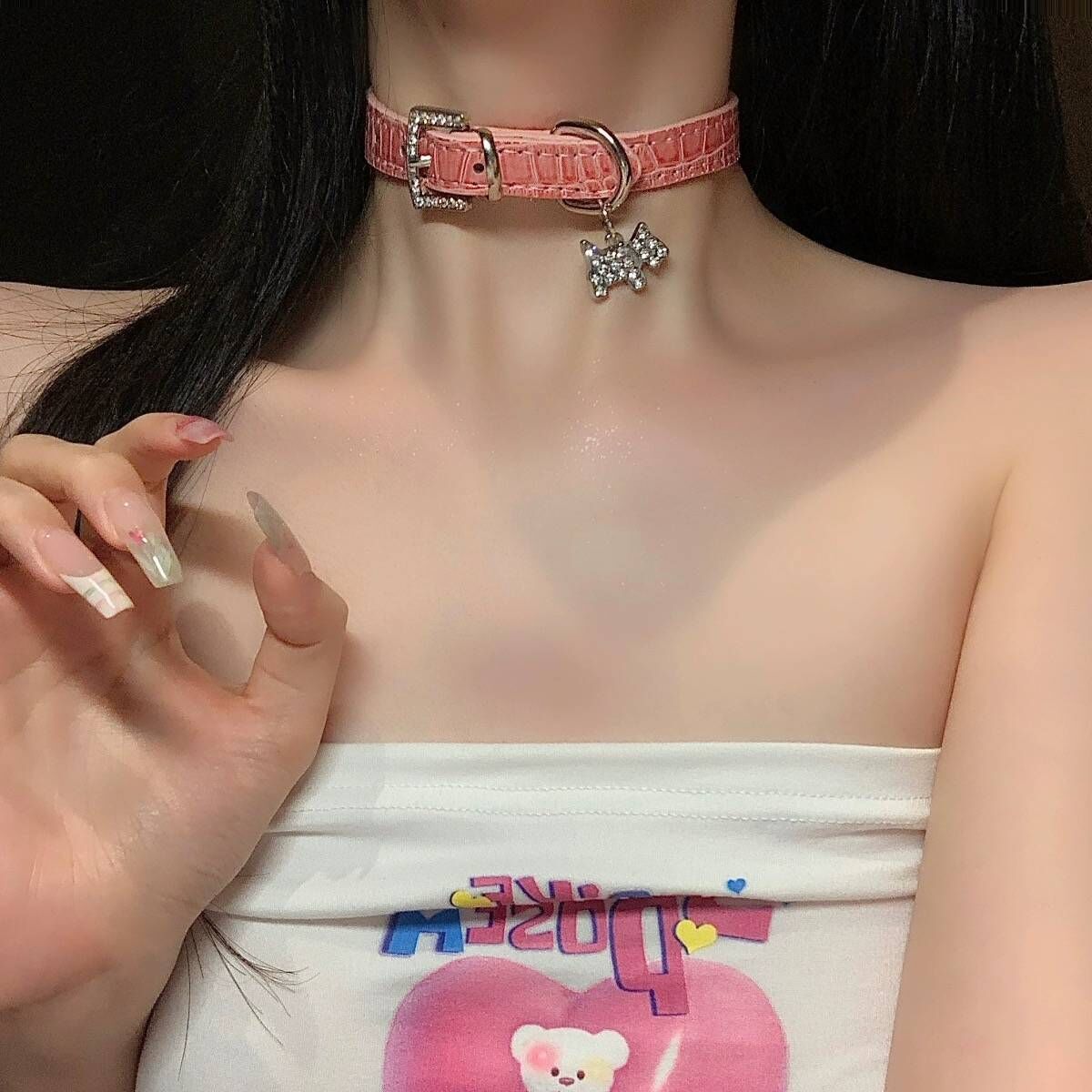 P-720  Pink diamond puppy leather necklace