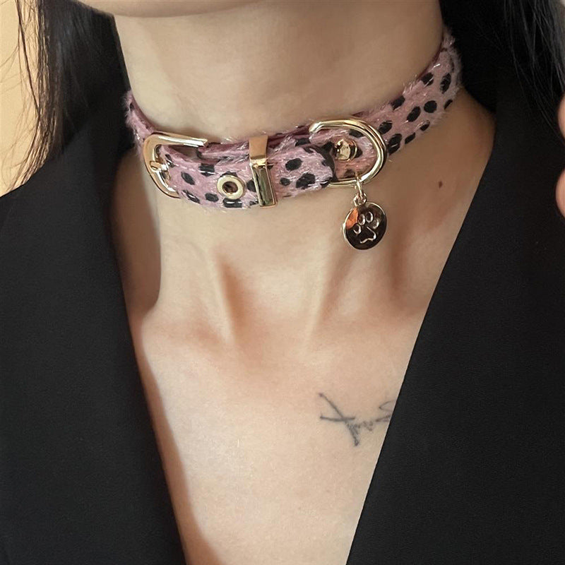 P-1387  Leopard print fluff punk leather collar
