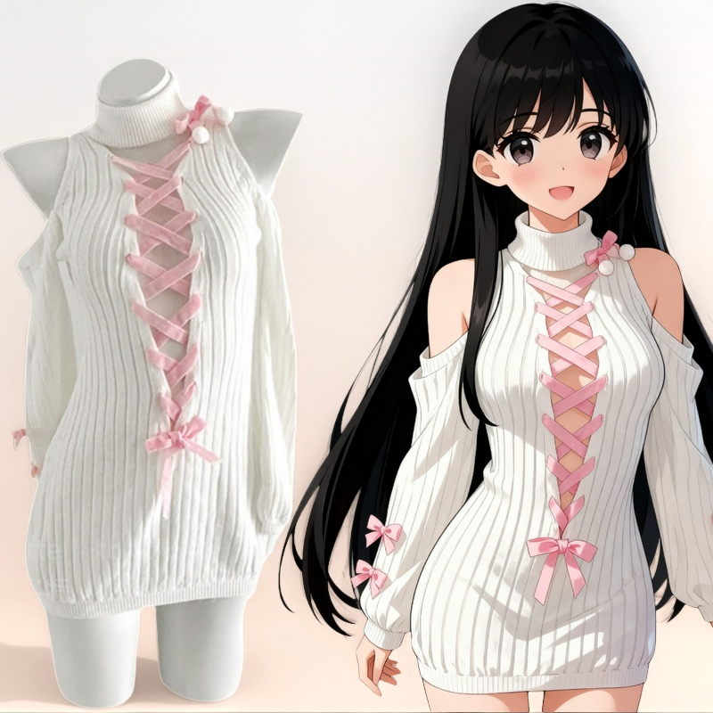 F-237 New Japanese-Style Sexy & Cute Bowknot Bodycon Wool Dress, Two-Dimensional Cosplay Pure Desire Style, White Off-Shoulder Design