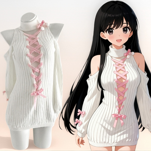 F-237 New Japanese-Style Sexy & Cute Bowknot Bodycon Wool Dress, Two-Dimensional Cosplay Pure Desire Style, White Off-Shoulder Design
