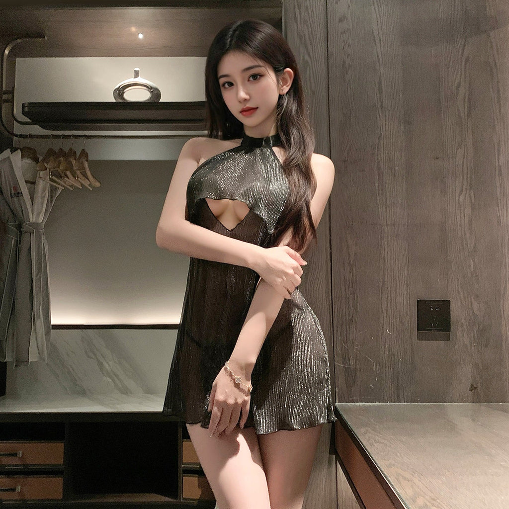 M-ZY135  Sexy Teasing Sheer Nightgown - Starry Galaxy Print, Lift-Up Braless Design & Easy-Access Lingerie Pajamas