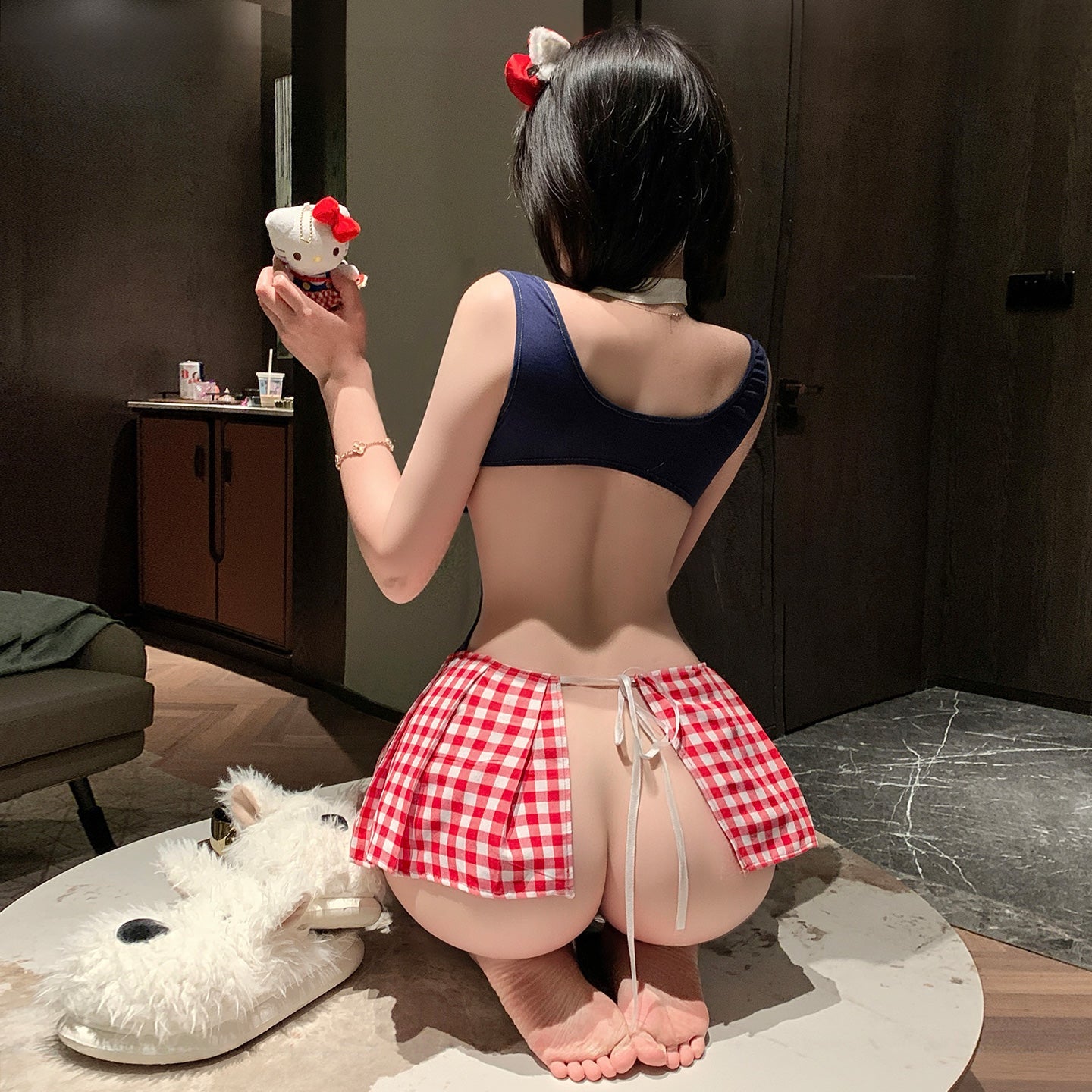 M-ZY139 Sexy Teasing Hello Kitty-Inspired Color-Block Nightgown - Cute & Soft, Buttock-Baring, Easy-Access Lingerie Outfit