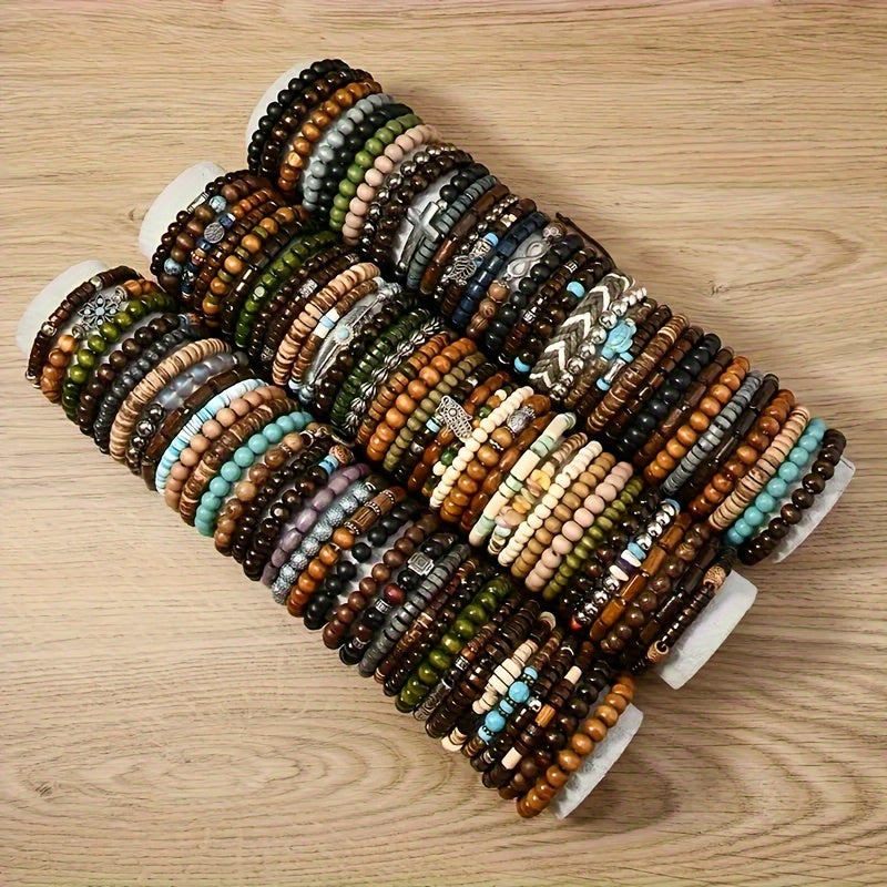 36-Pack Assorted Wooden Beaded Bracelets, Uncoated Metal, Zinc Alloy Charms, Women's Men's Fashion Jewelry, Handmade, Christmas Gift, Random Selection