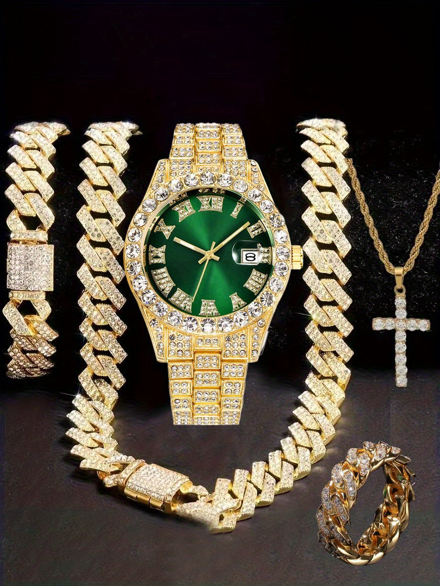 Men'S Hip Hop Set: Trendy Watch, Cuban Chain Pendant Necklace And Bracelet Combo, Stylish Men'S Additions Gift for Christmas, Birthday, Valentine'S Day, And Father'S Day