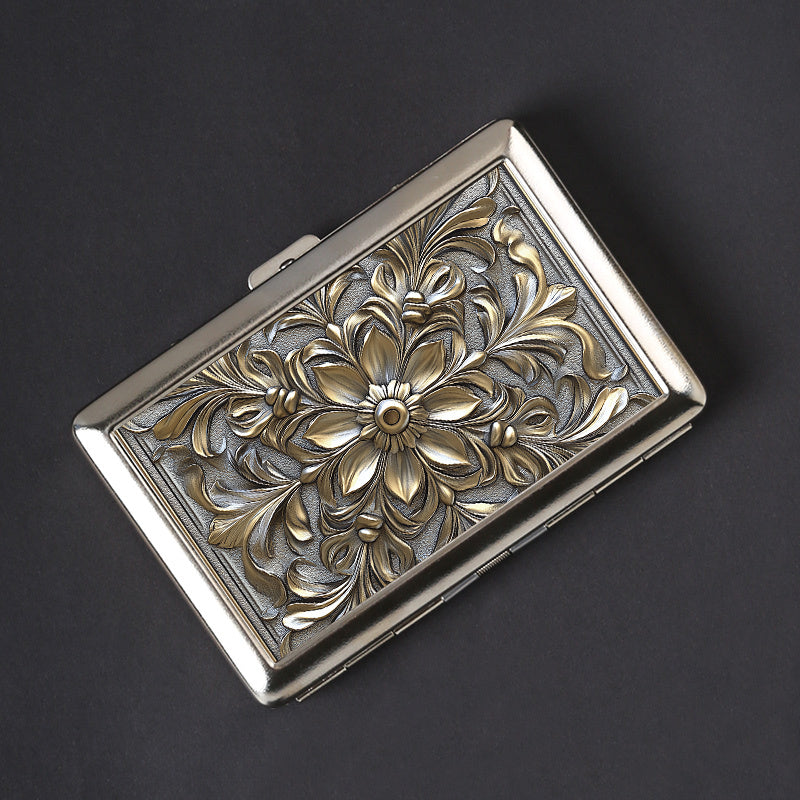 1pc case Metal double-open cigarette case can hold 16 cigarettes, retro Men's cigarette storage box Fashion accessories, holiday gifts, there will be deviations in the printing position., 2D Flat
