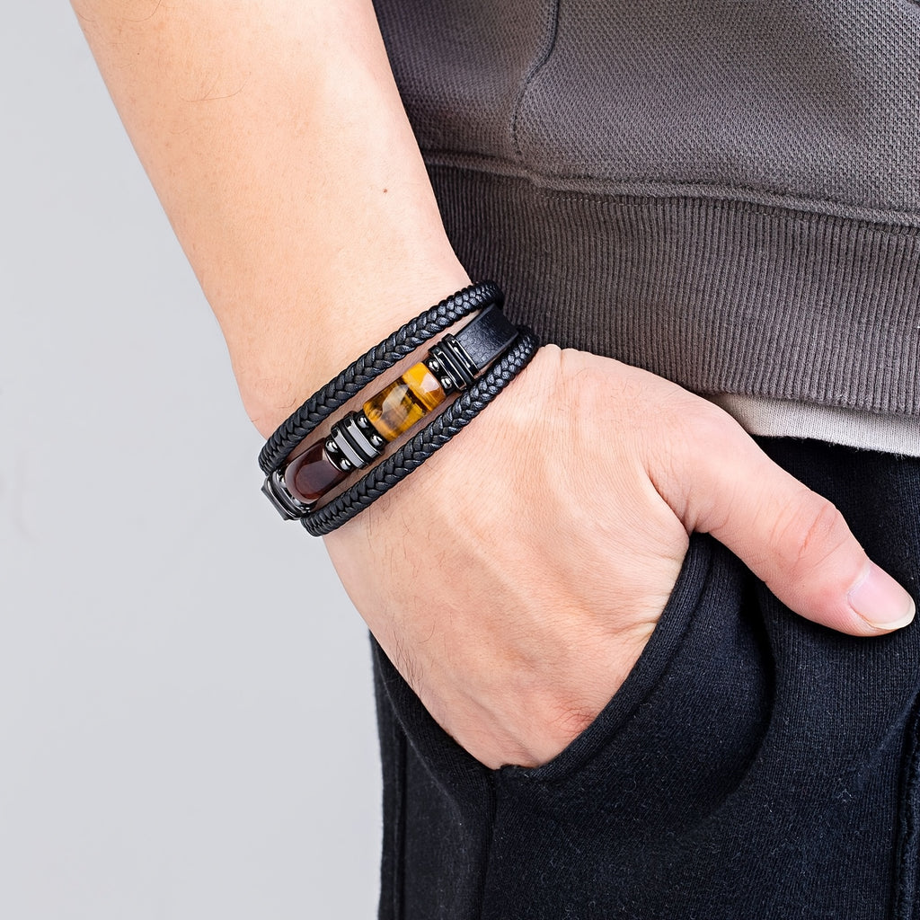 1pc Tiger Eye Stone Men'S Bracelet Natural Stone Protection Multilayer Braided Wristband Bangle Gifts For Him