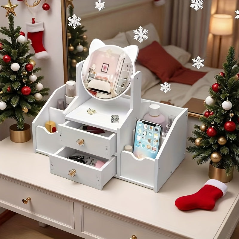 Jewelry Box, Dressing Table with Cat Ear Mirror, Perfect Choice for Home or Bedroom Organization, Durable Construction, Ideal for Birthdays, Christmas, and as a Gift.