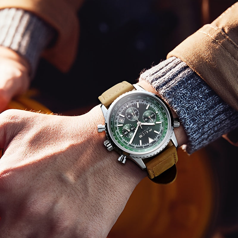 FEICE Brand Pilot Series Men'S Watches: A Versatile Blend of Business Formal And Casual Sports Styles, Featuring a Quartz Movement, Green Dial, Chronograph, Second Calendar, Luminous Indicators, And a 24-Hour Display. an Ideal Holiday Gift for Men