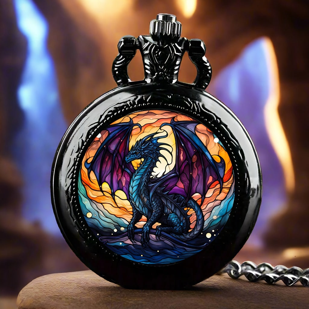 Elegant Black Dragon Pocket Watch - Fashionable Men'S Necklace Style, Quartz Movement, Alloy Case