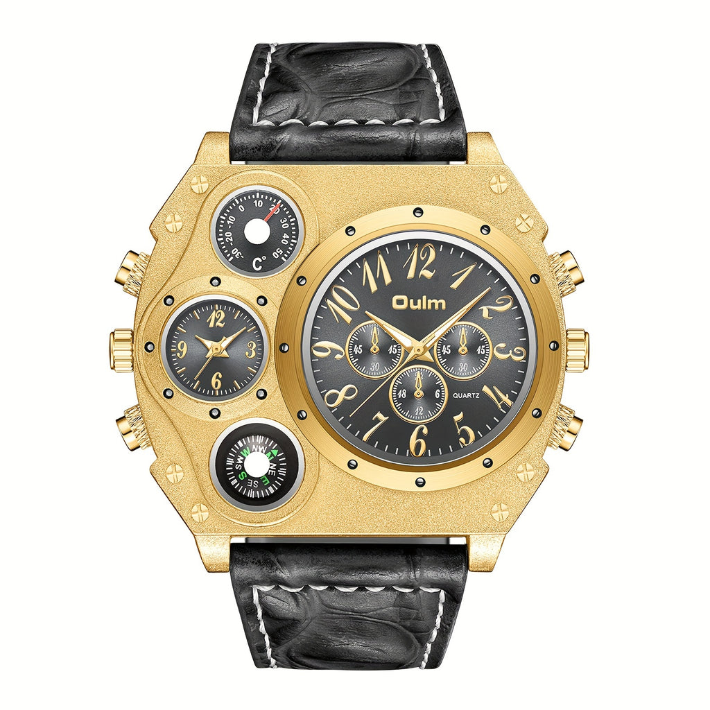 Men 2 Time Zone Big Quartz Watch Mens Faux Leather Wrist Watch Casual Sports Wirstwatch