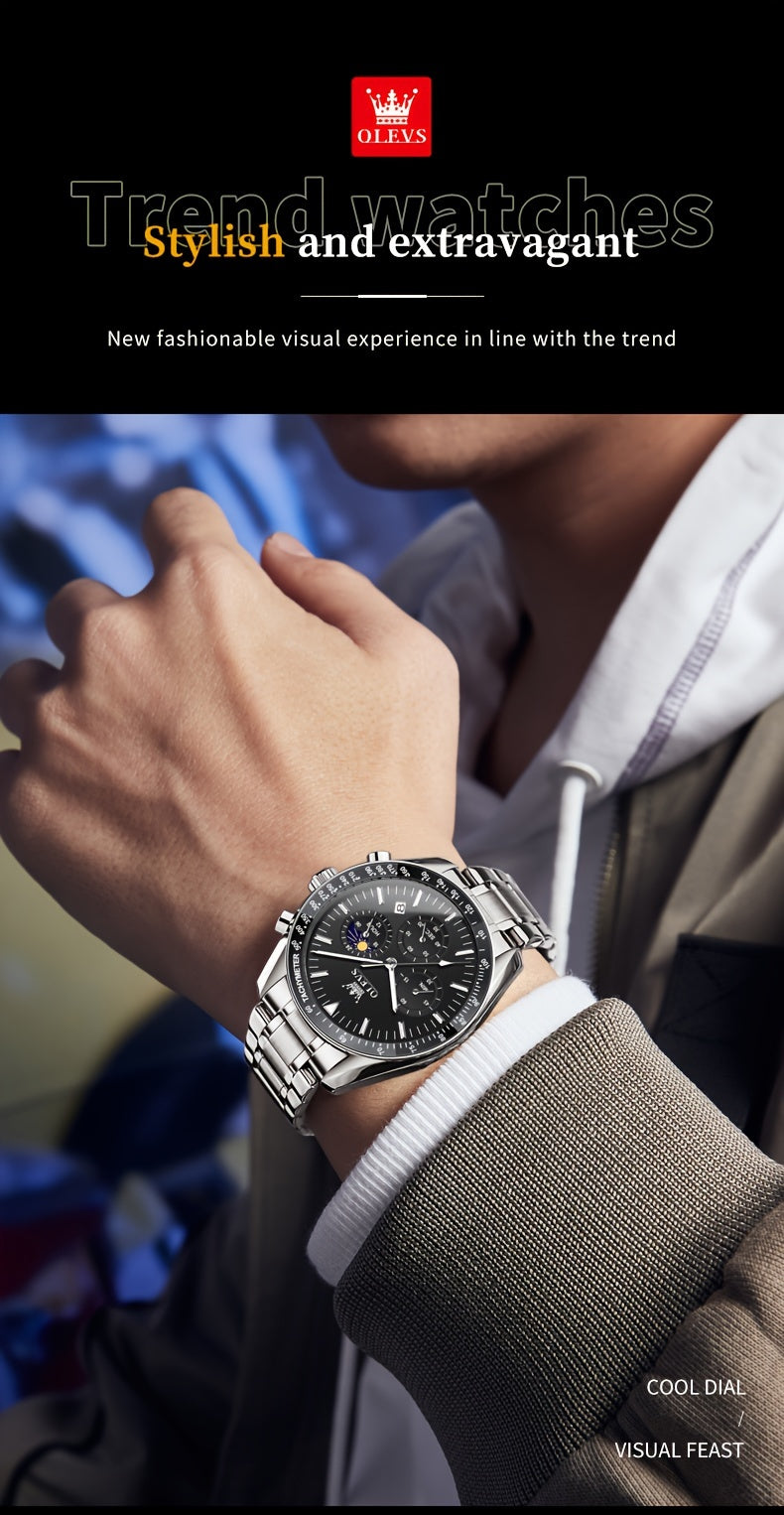 OLEVS Men's Watches Chronograph Multifunction Sport Watches Classic Casual Luxury Dress Moon Phase Analog Quartz Stainless Steel Male Watches Wrist Watches for Man Relojes Para Hombre Black/Blue/Golden Dial