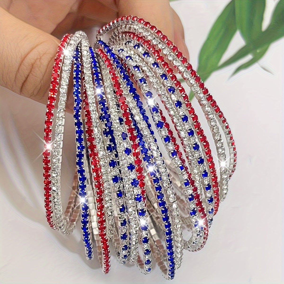 Lots 10pcs Independence Day USA Red White Blue Rhinestone Stretch Bracelets Set Women/ Men Silvery Plated Copper Elastic Exquisite Shiny Handmade Sparkling Rhinestone Multi-layer Bracelets Minimalist Vintage Stackable Wristband Bracelet Set Jewelry
