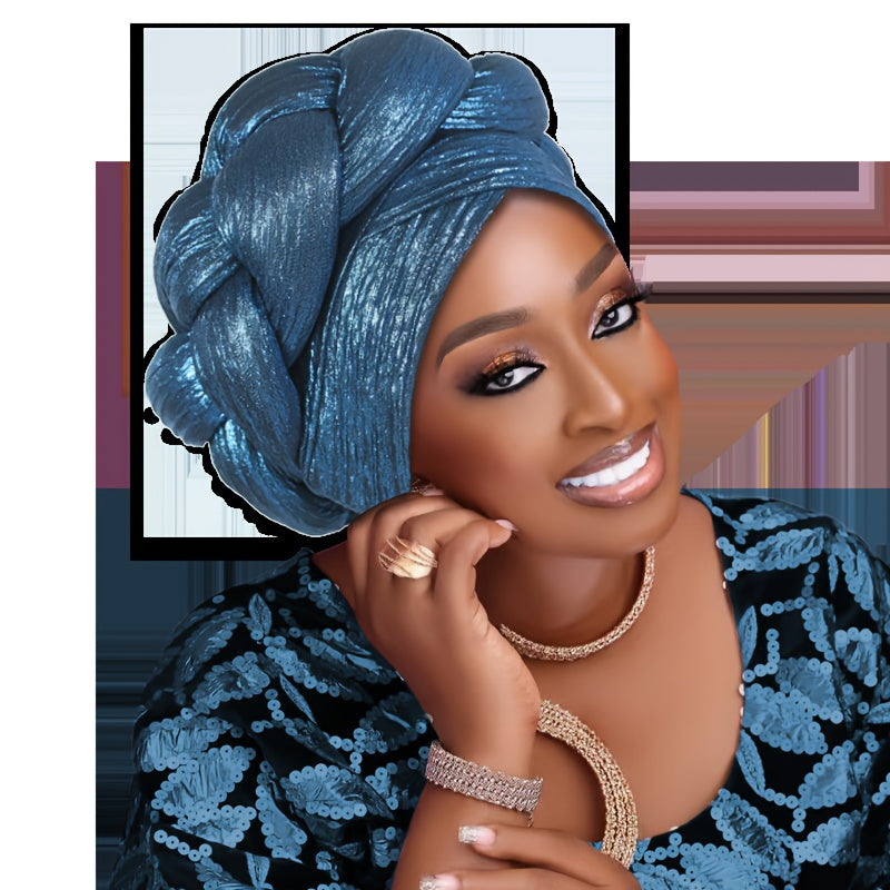 Fashion Western African Muslim Side Thick Braids Thousand Leaves Solid Color Pullover Headscarf Ethnic Hat Women'S