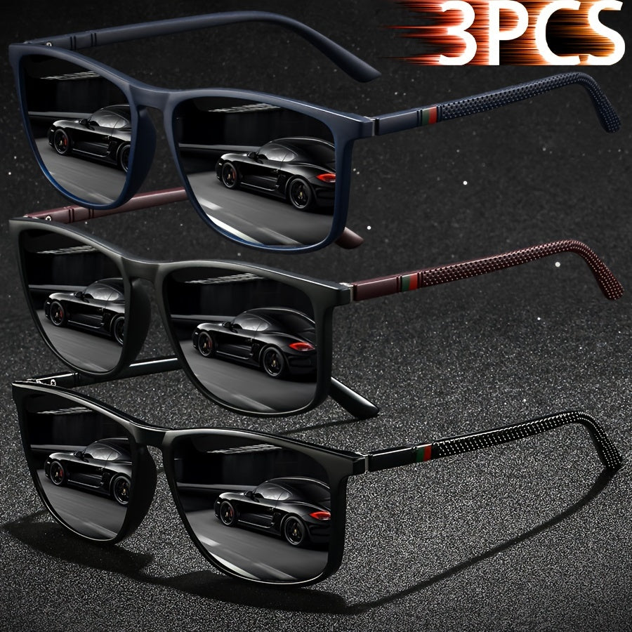 3 Pairs of  Striped Square Fashionable Men's and Women's Fashion Glasses - Luxurious Designer Anti-glare Black, Deep  and Red Color Combination - Fashionable UV Protection, Suitable for Driving, Fishing, Traveling and Beach Outfits