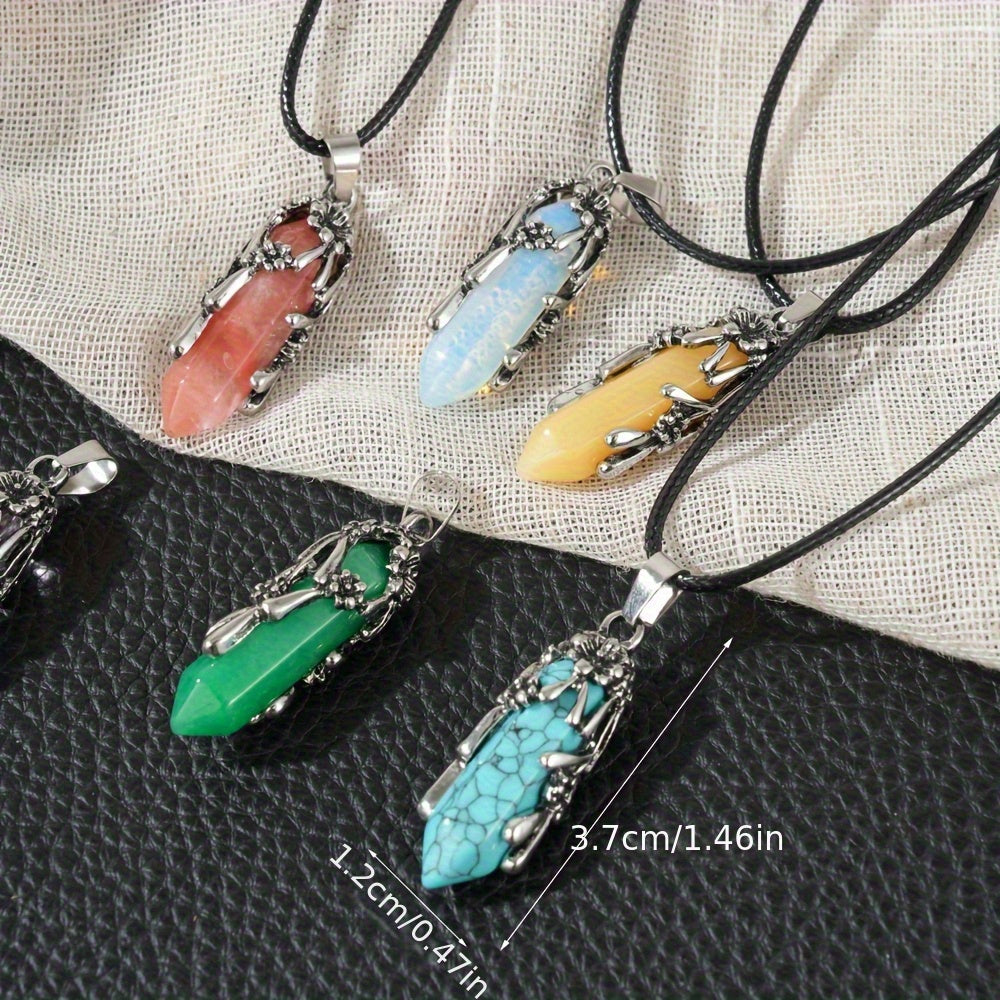 20pcs Natural Stone Hexagon Prism Shaped Wrapped Flower Pendant Necklace Suit, Including 10pcs Hexagon Prism with 10 Imitation Faux Leather Ropes for DIY Necklace Jewelry Handmade, Casual Accessories and Gifts