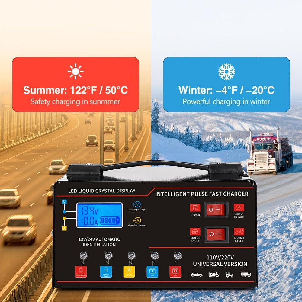 12V&24V Intelligent Universal Battery Charger With LCD Display, Smart Repair, Temperature Compensation, Overcharge And Short Circuit ProtectionSuitable For Intelligent Trickle Charging Of Cars, SUV, Trucks, Yachts, Motorcycles Battery Maintenance