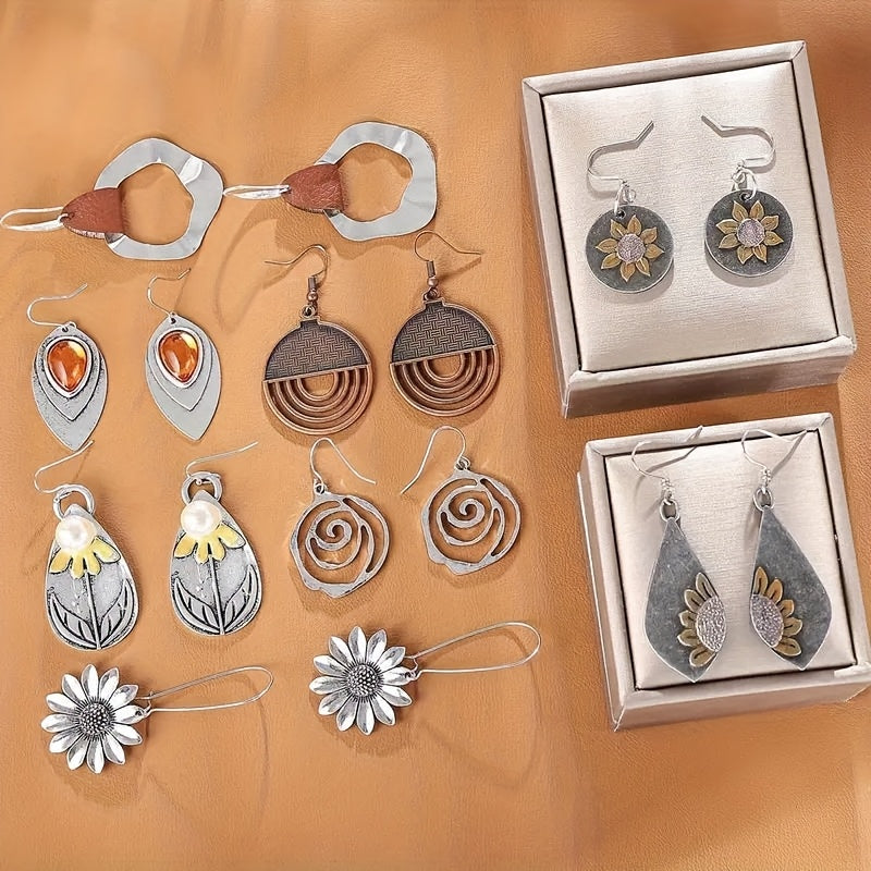9 Pairs Bohemian Retro Earrings - Wooden, Leather, Geometric, Circular, Sunflower Designs | Women's Christmas & Birthday Gifts
