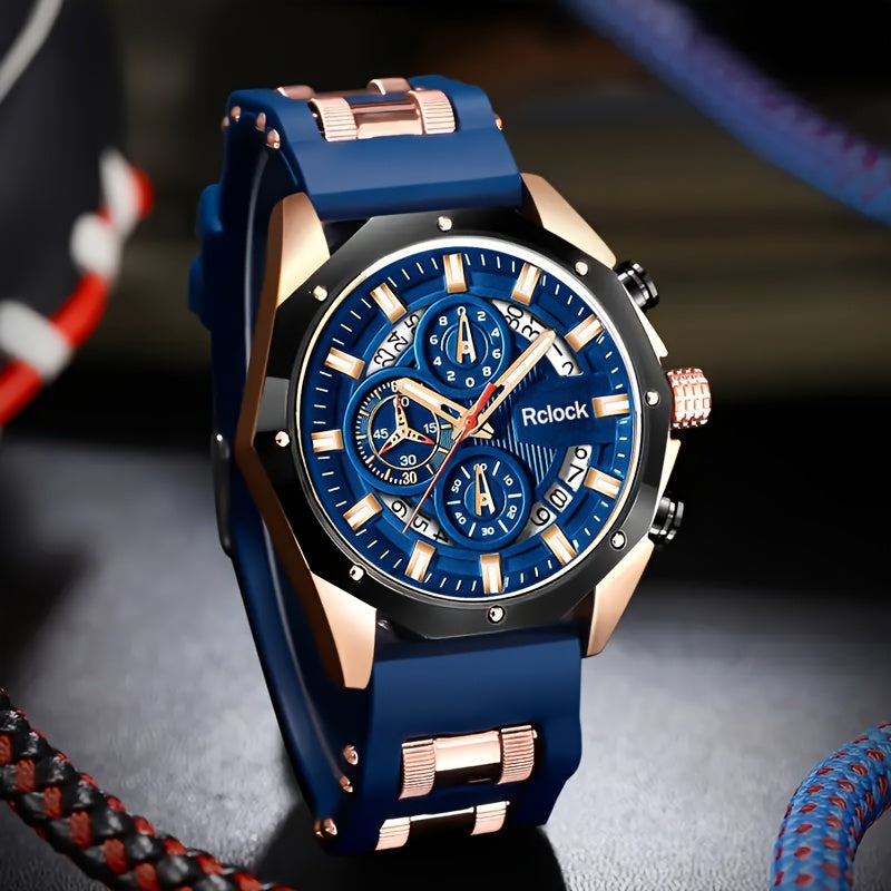 1pc Men'S Vintage Sports Chronograph - Large Round Dial, Silicone Strap, Quartz Movement, Calendar Function, Non-Waterproof Zinc Alloy Case, Battery-Powered Electronic Drive, Perfect Gift for Him