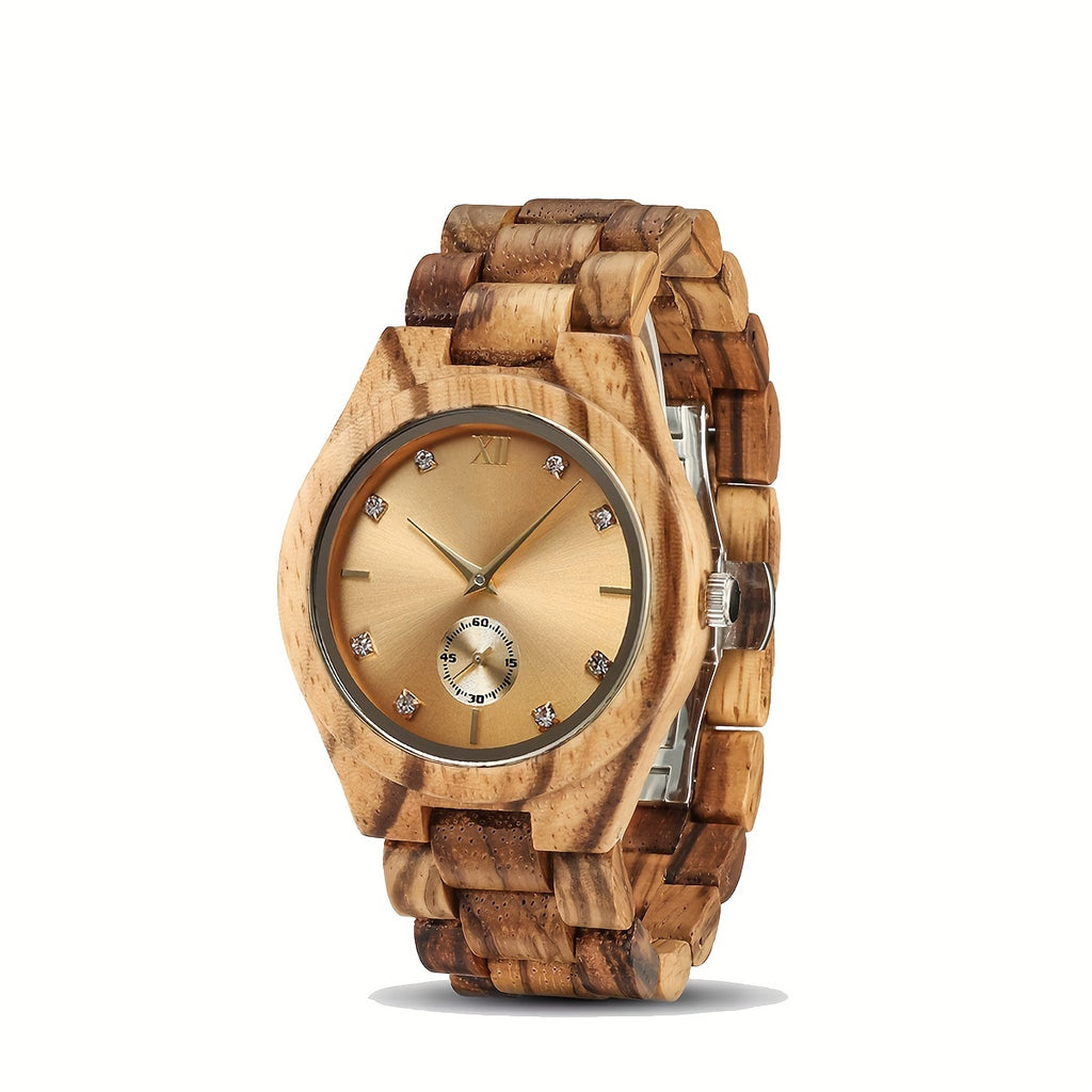 Chic Women'S Wooden Watch with Zebra Print Band, Golden-Tone Dial & Rhinestone Accents - Quartz Movement