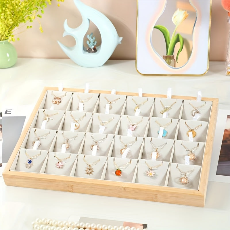 Bamboo And Wood 24 Grid Large Capacity Pendant Tray Jewelry Tray - High-end Necklace Display Rack, Jewelry Home Storage, Elegant Storage Box, Suitable for Pendants, Necklaces And Earrings, Contains 24 Pendant Trays, Gifts for Mothers