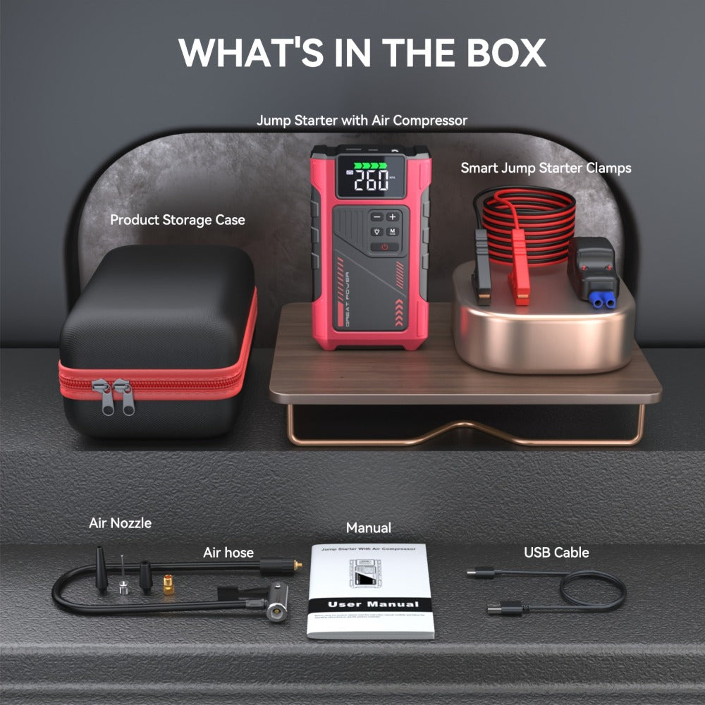 [Portable Jump Starter] 9-in-1 Portable Jump Starter with Air Compressor, Jump Starter for Car, Battery Jump Starter Portable, Car Battery Charger Portable For12V(8.0LGas/6.5L Diesel) Start The Car Quickly, USB Input/output, LED Emergency, Car Accessories