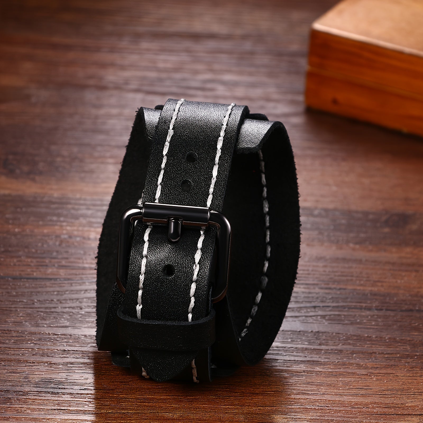 Gothic Punk Style Men Watch Wide Geunine Leather Fashion Cuff Wristwatch for Halloween Party Costume Dress Decoration